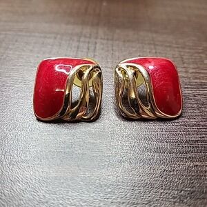 Red & Gold Tone‎ Earrings Square Statement Stud Fashion Jewelry